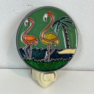 Vintage 80s Stained Glass Flamingo Night Light Palm Tree